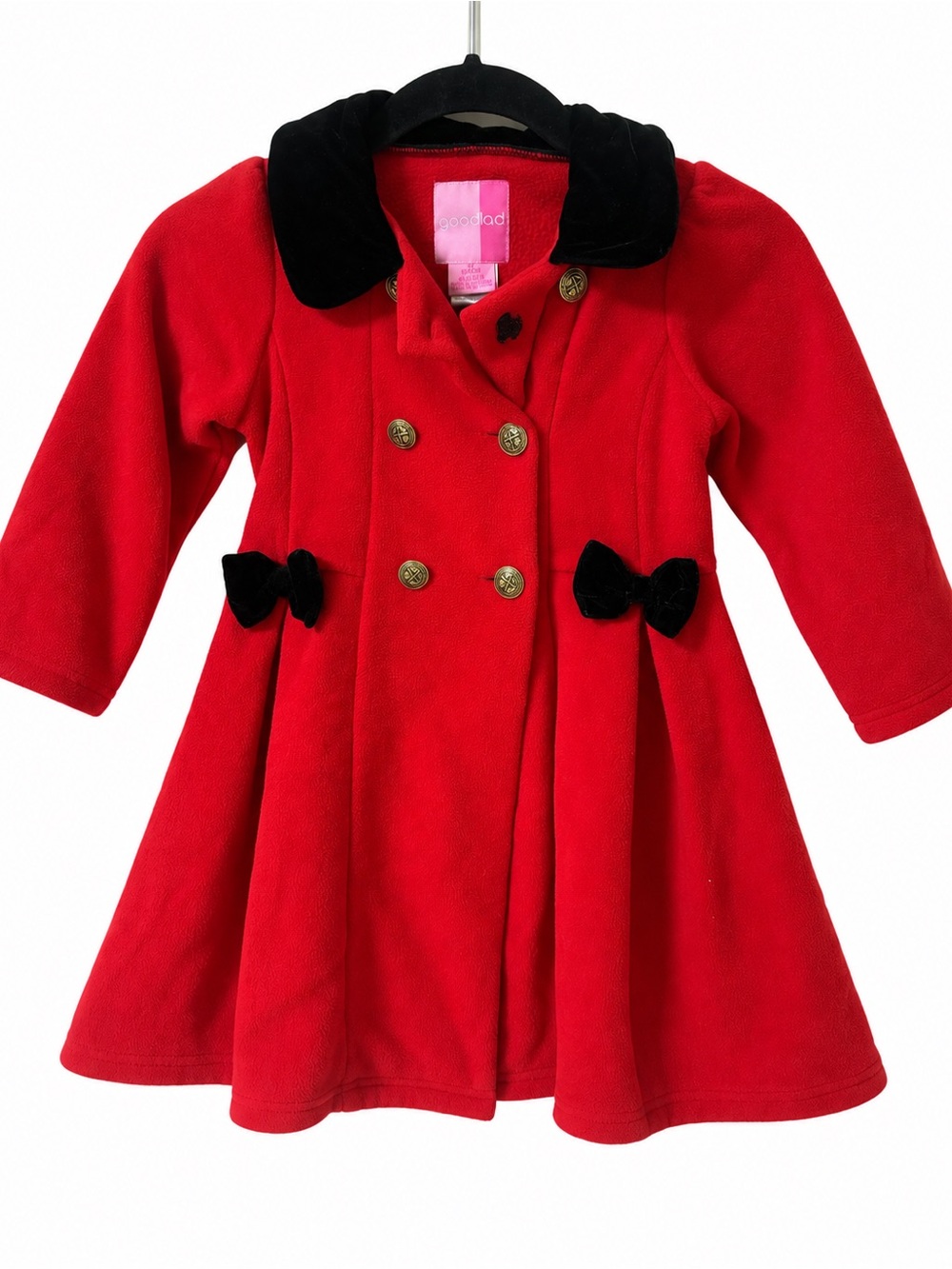 Good Lad Red Double-Breasted Pea Coat with Black Velvet Trim